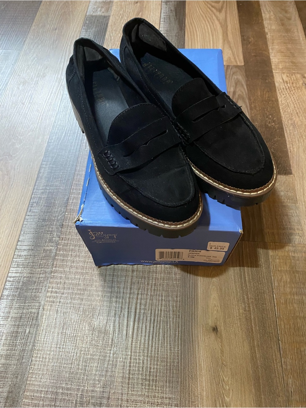 Jellypop Black Suede Penny Loafers with Lug Sole